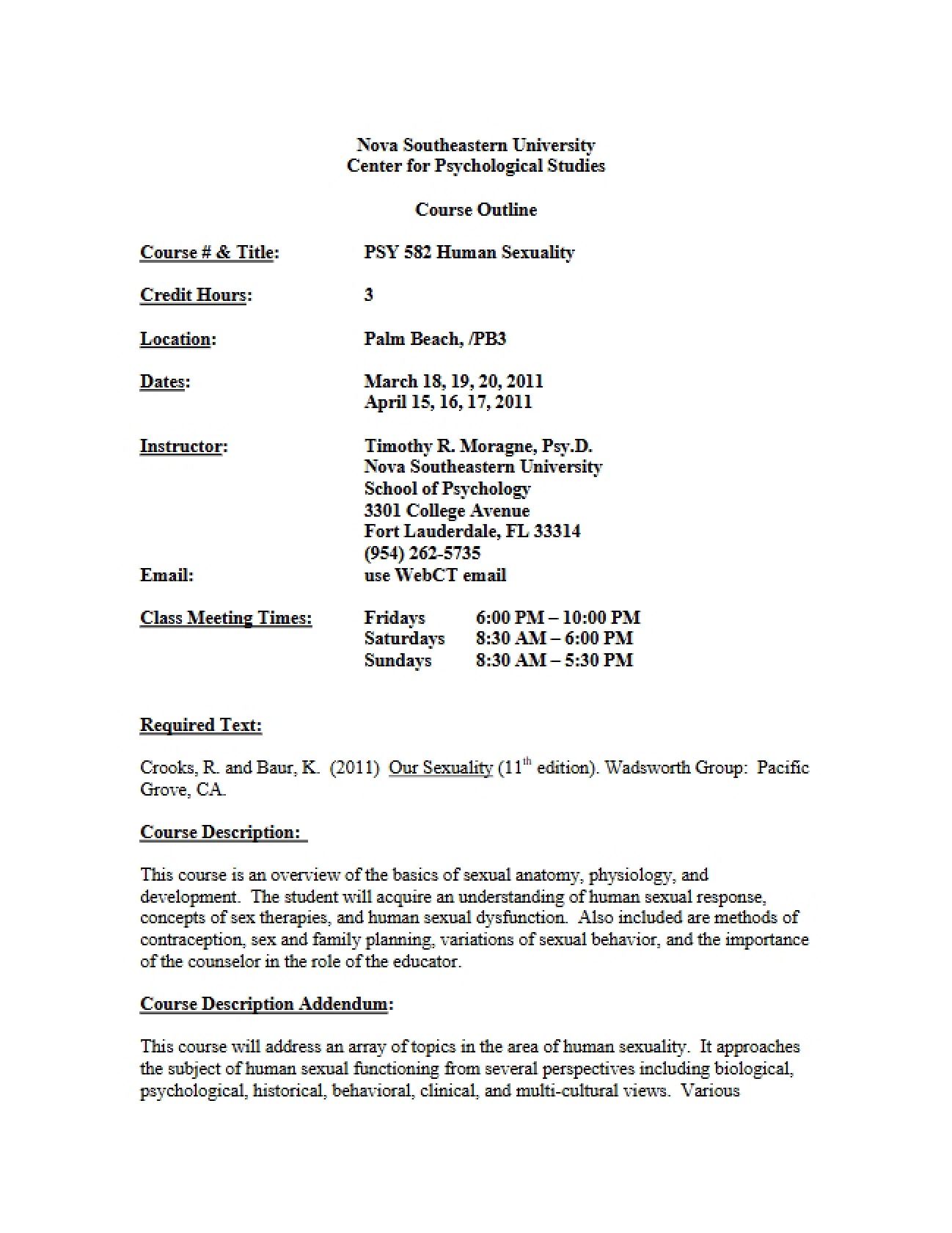 Course Plan for Human Sexuality
