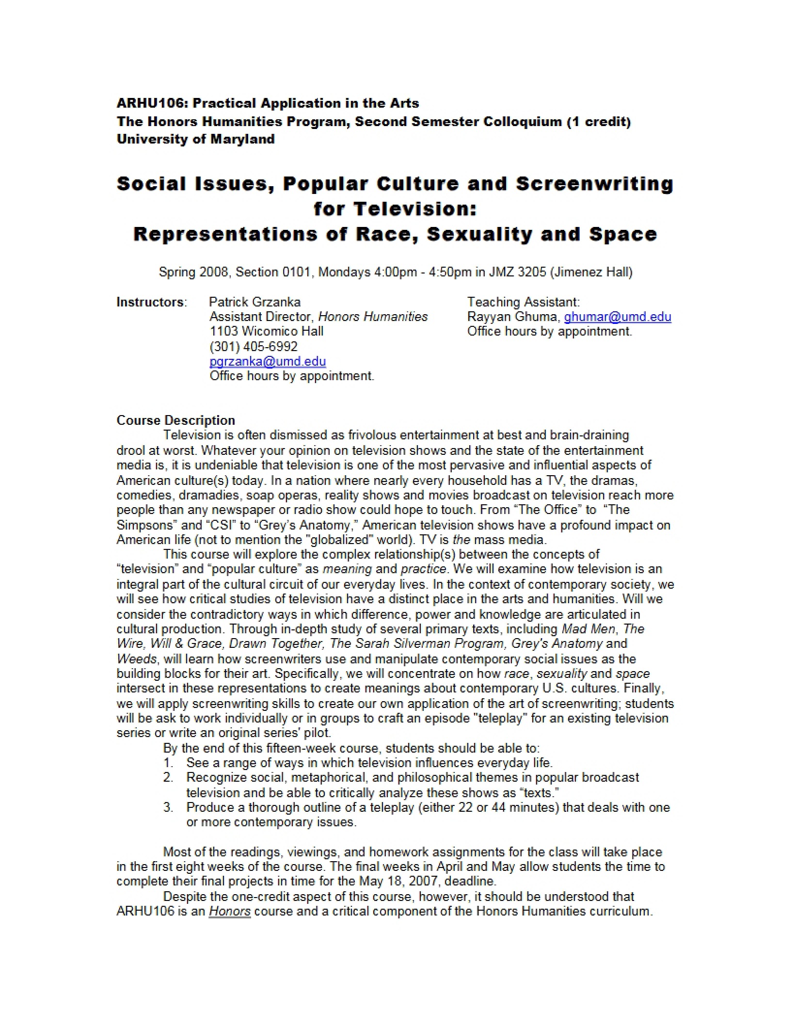 Honors Humanities Syllabus