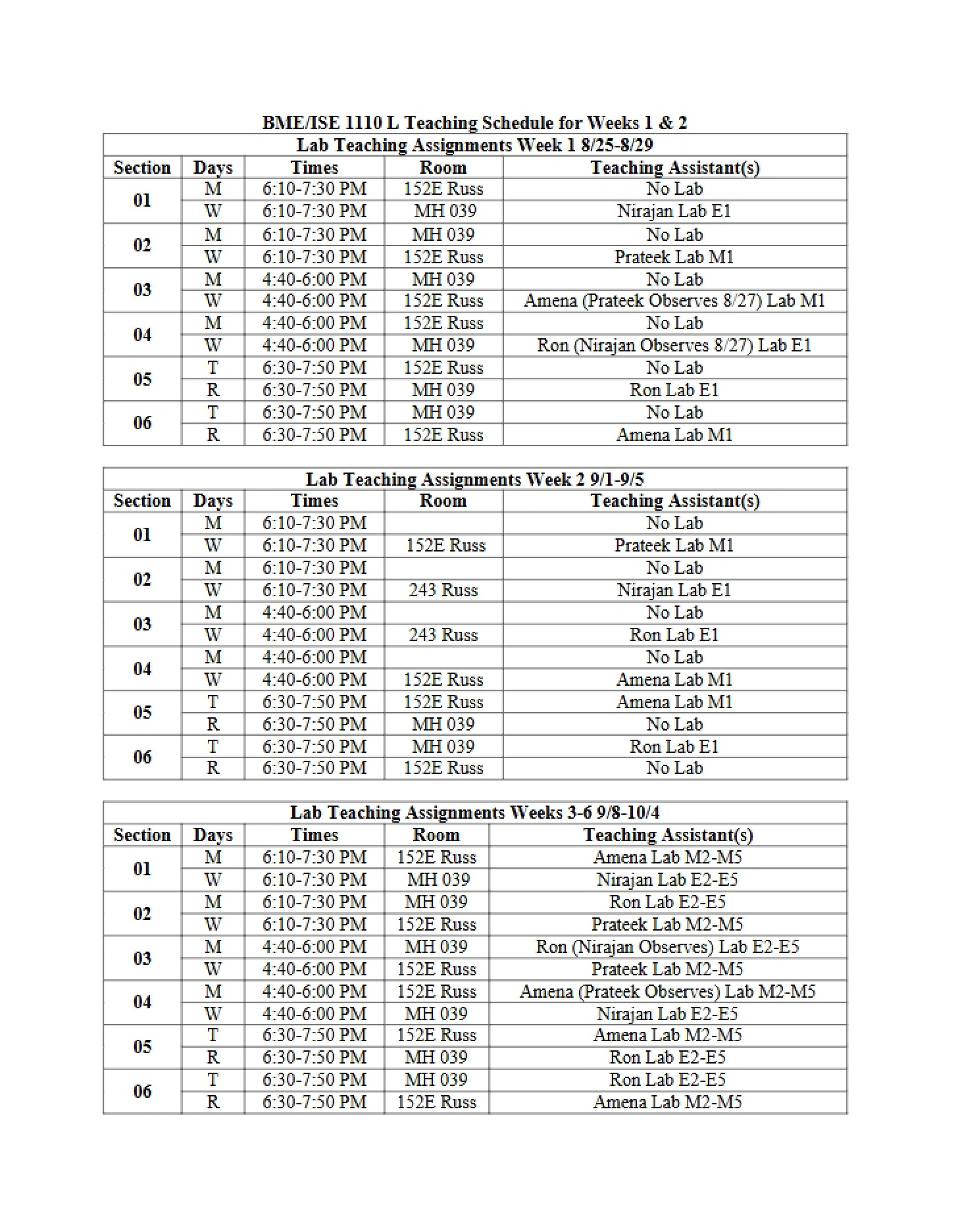 Schedule for BME
