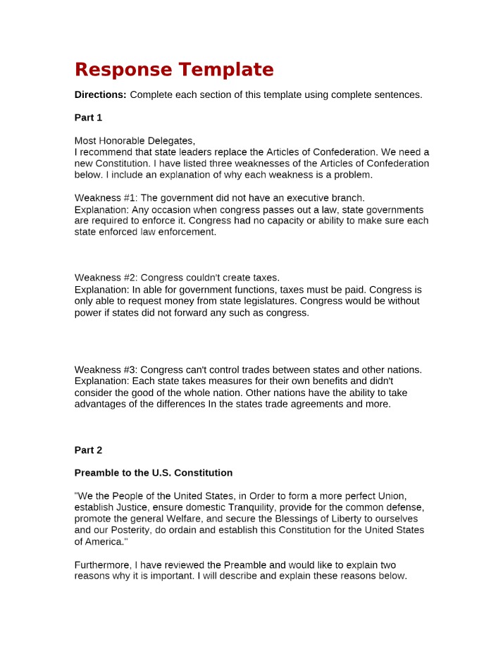 Articles of Confederation Weaknesses and US Constitution Preamble Response Template