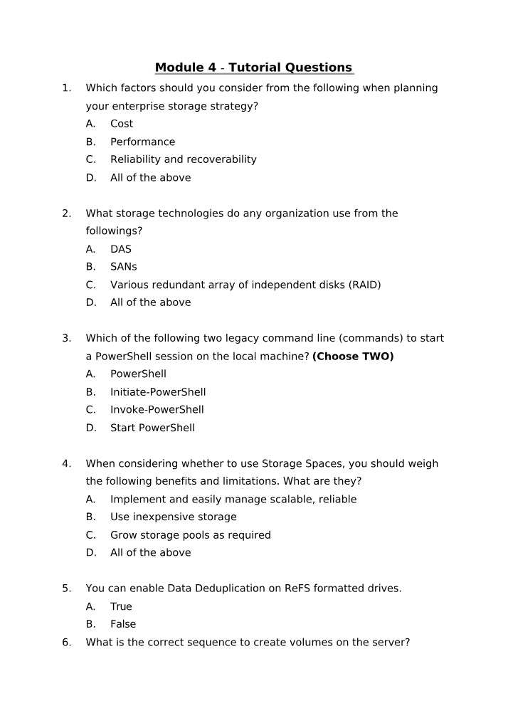 Tutorial Questions for Module 4