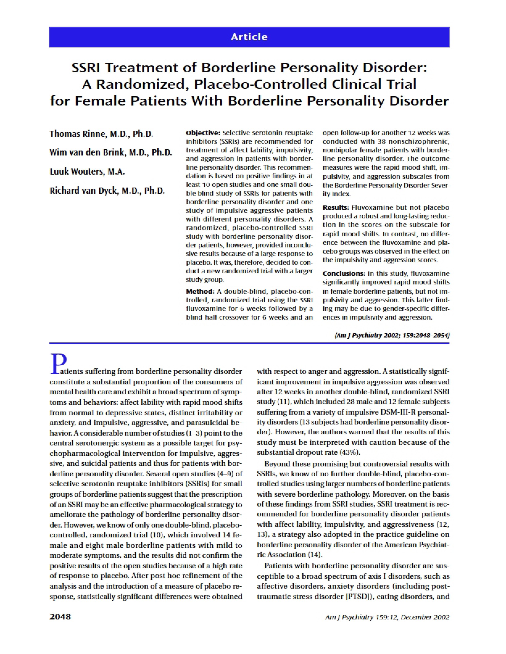 Borderline Personality Disorder SSRI Treatment