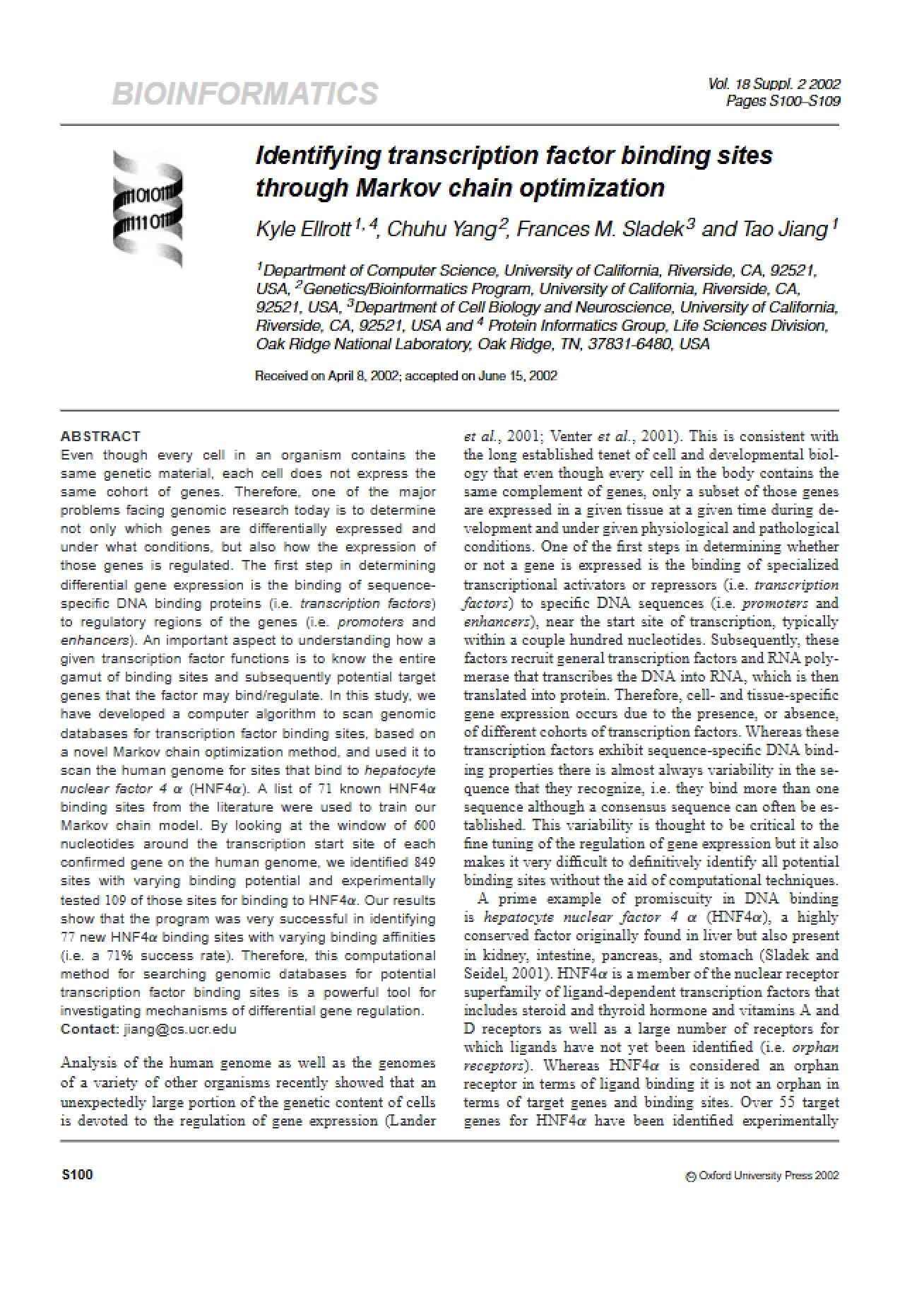 Markov Chain Optimization for TF Binding Site ID