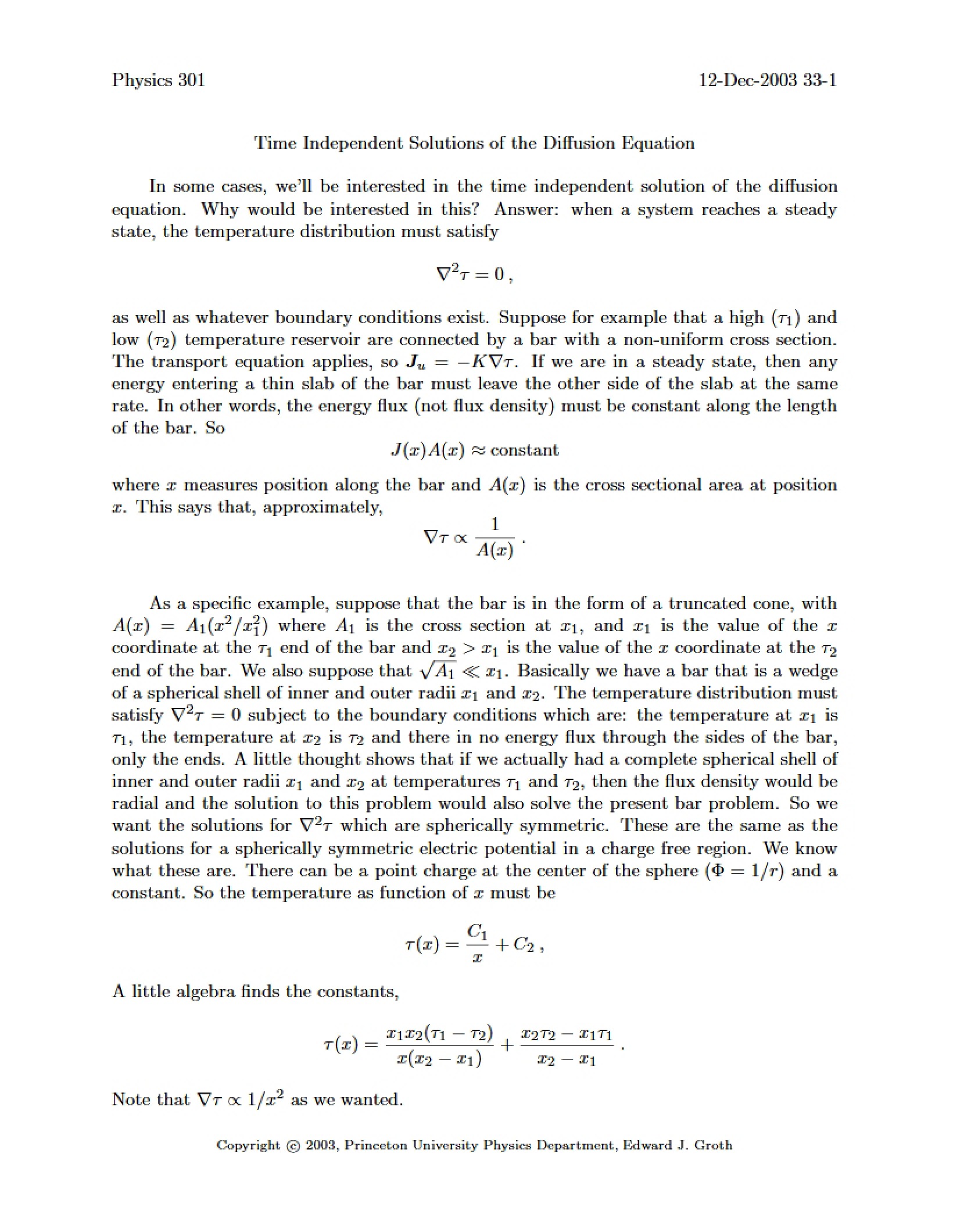 Diffusion Equation Time Independent Solutions