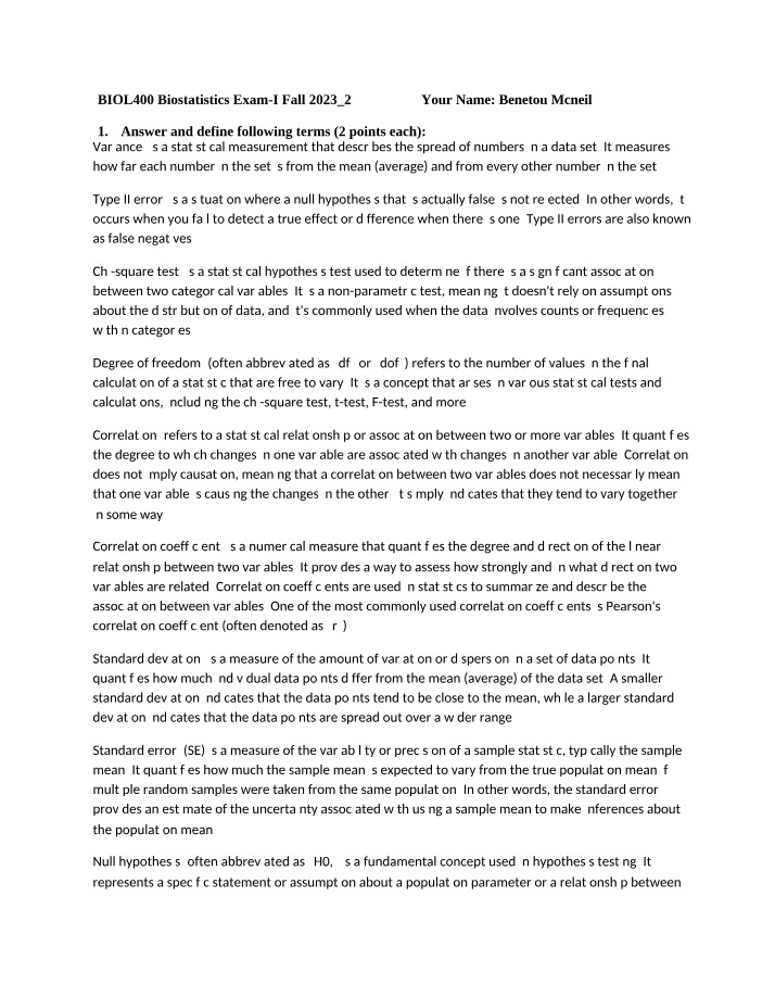 Biostatistics Exam I - Fall 2023 (BIOL400)