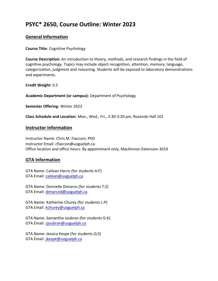 PSYC 2650 Cognitive Psychology - Winter 2023 Course Outline