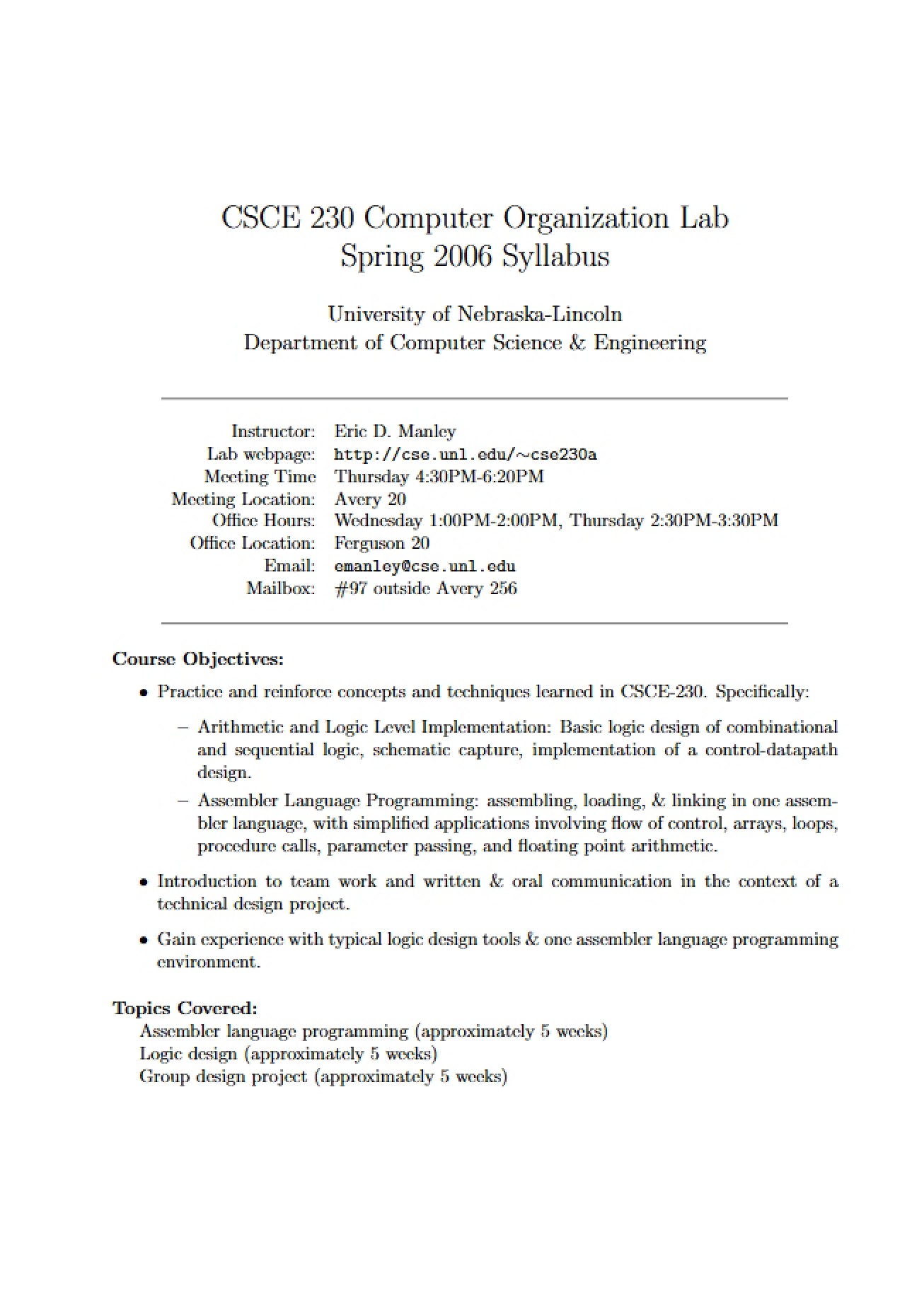 Syllabus for CSCE 230