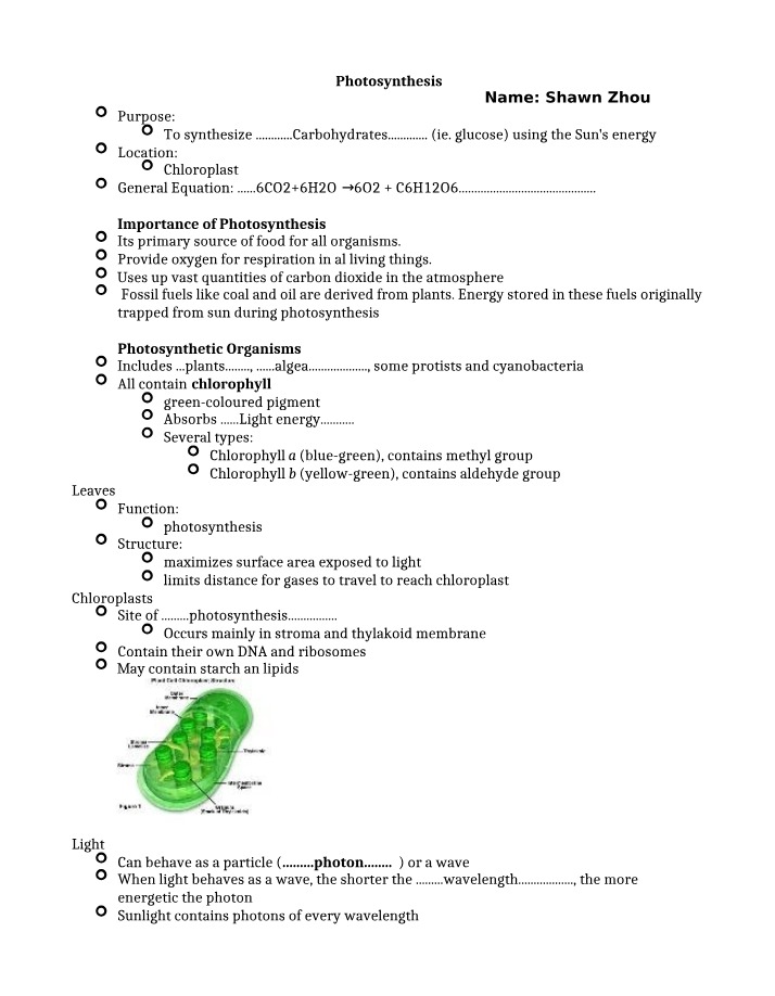 Notes on Photosynthesis