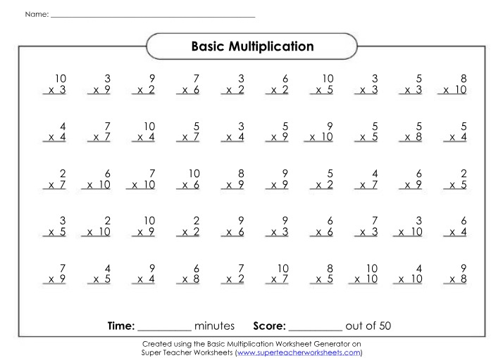 Answer Key for Basic Multiplication Worksheet