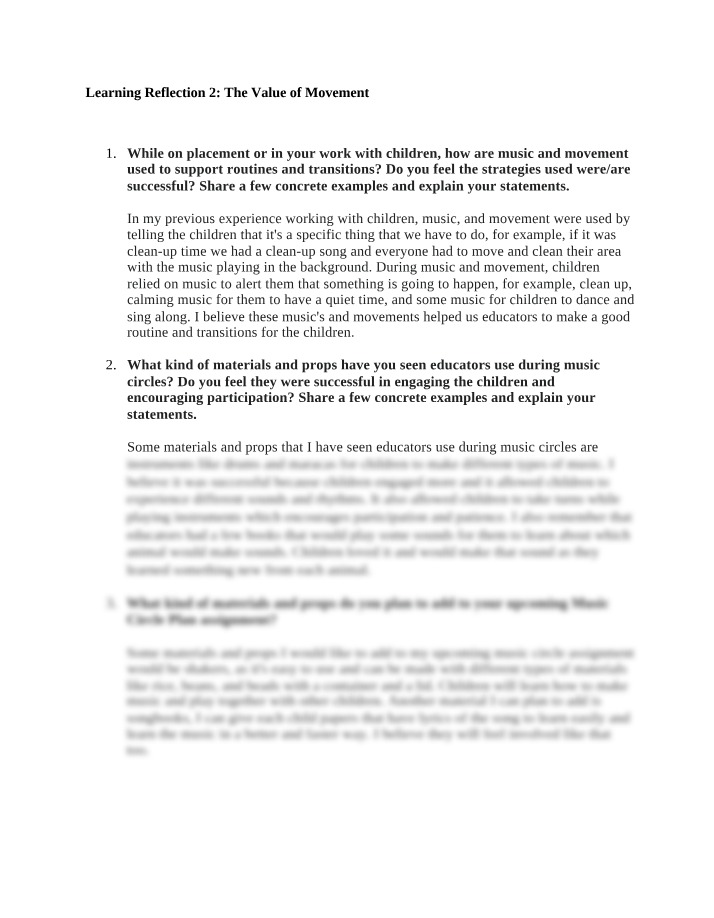 Value of Movement - Learning Reflection 2