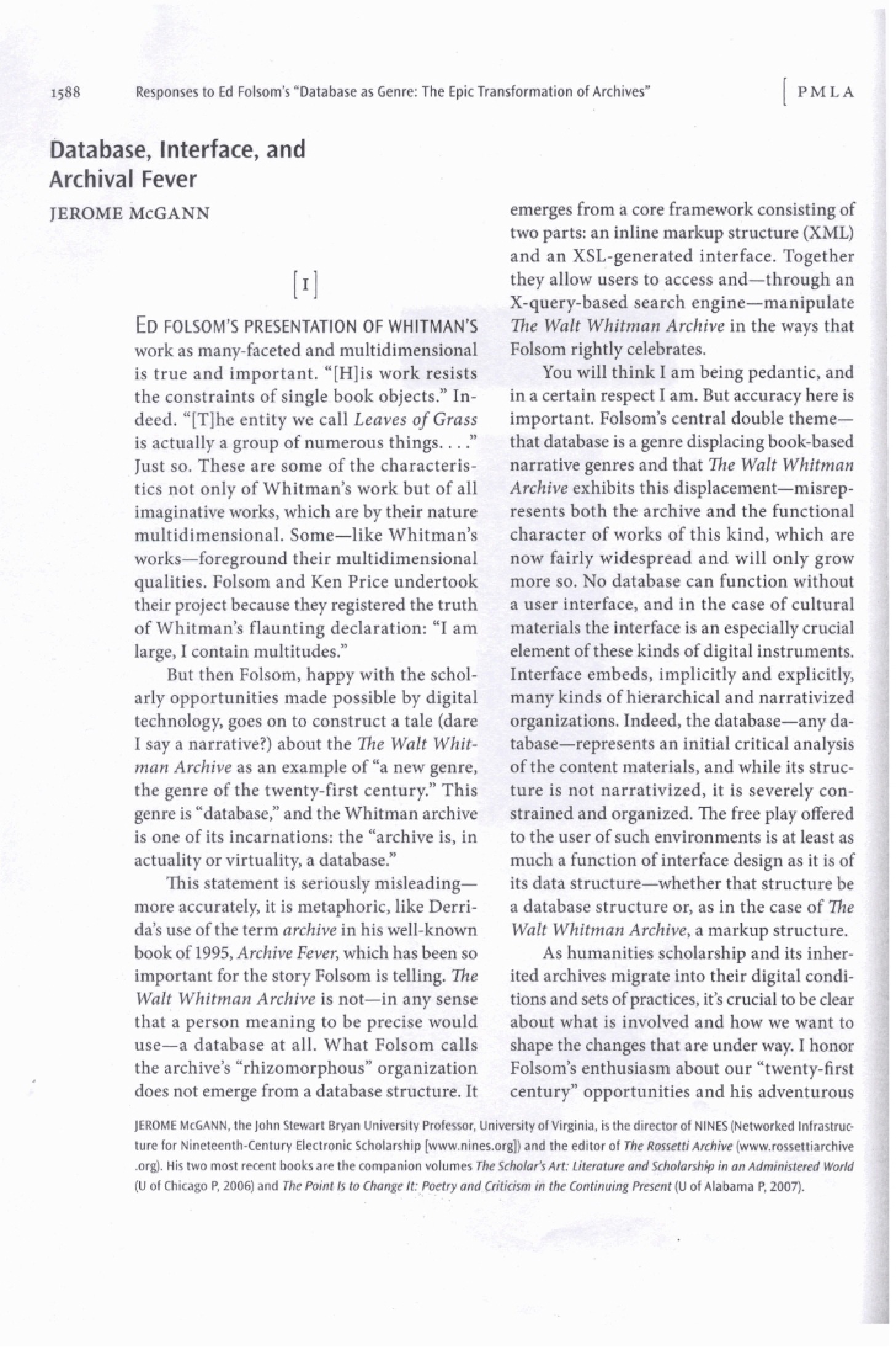 Archival Fever, Database, and Interface