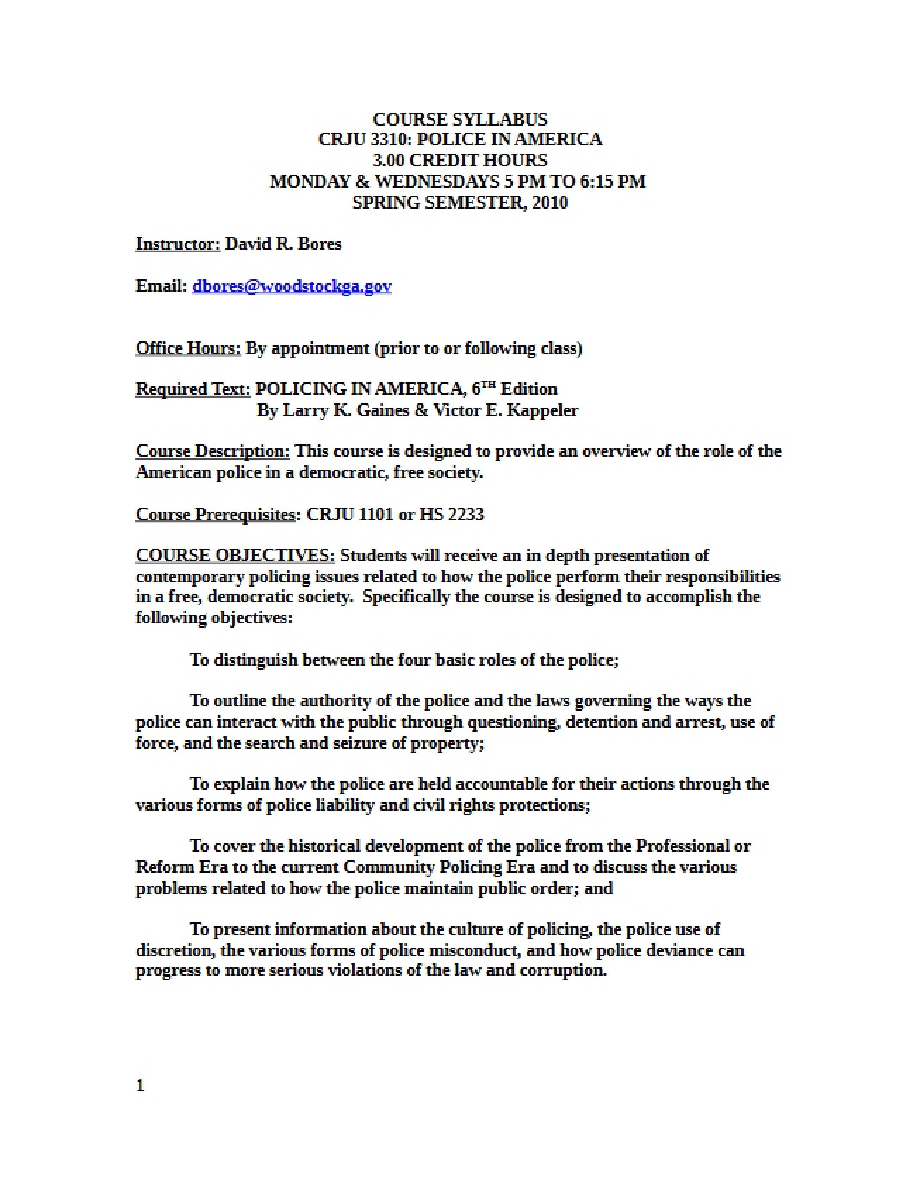 Course Syllabus for a Police in America Class