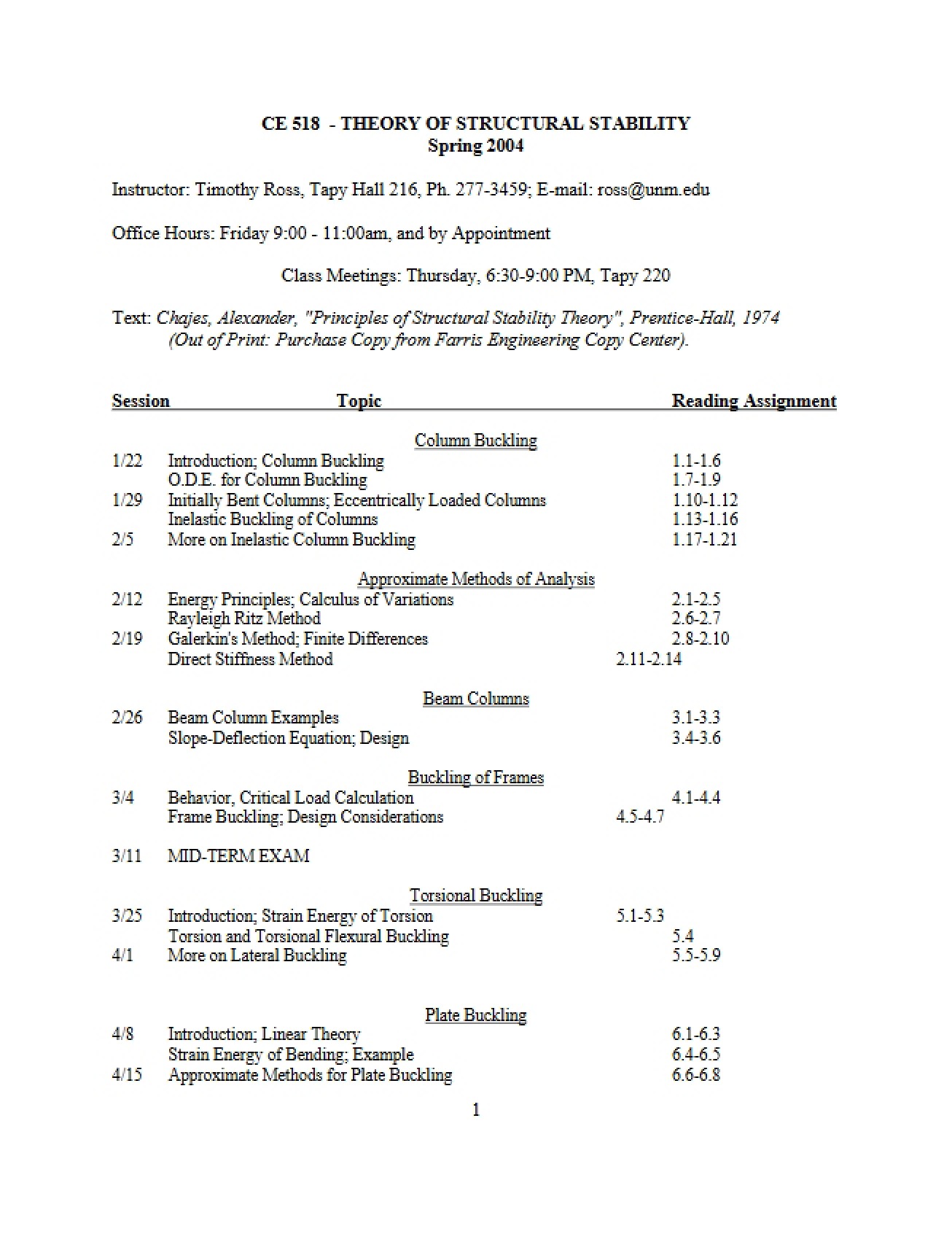 Structural Stability Theory CE 518 Syllabus