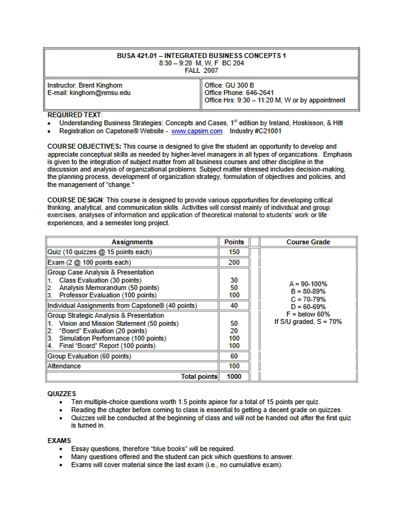 Syllabus and Course Information for Integrated Business Concepts