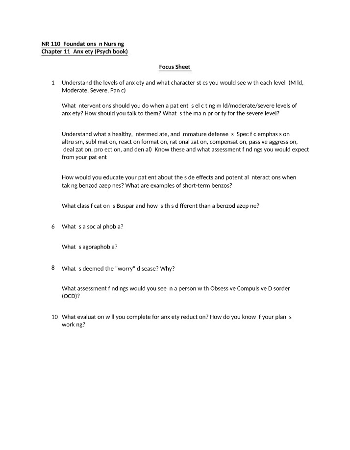 Anxiety Focus Sheet - NR 110 Foundations in Nursing Chapter 11