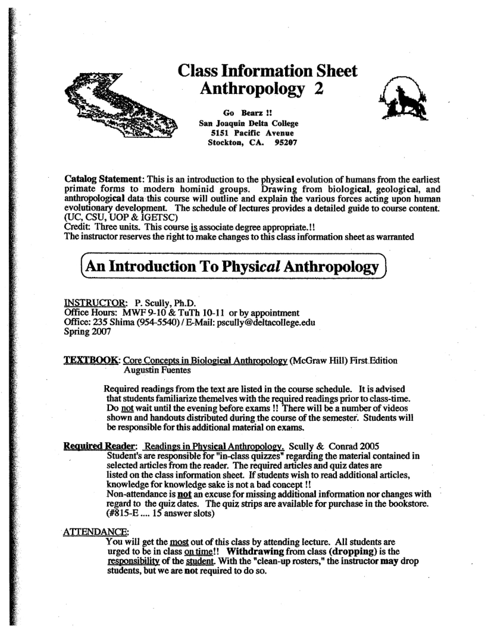 Physical Anthropology Class Info - 6 Pages