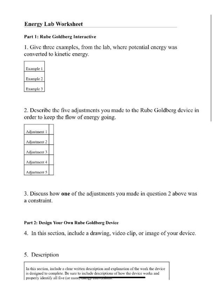 Worksheet on Energy Lab