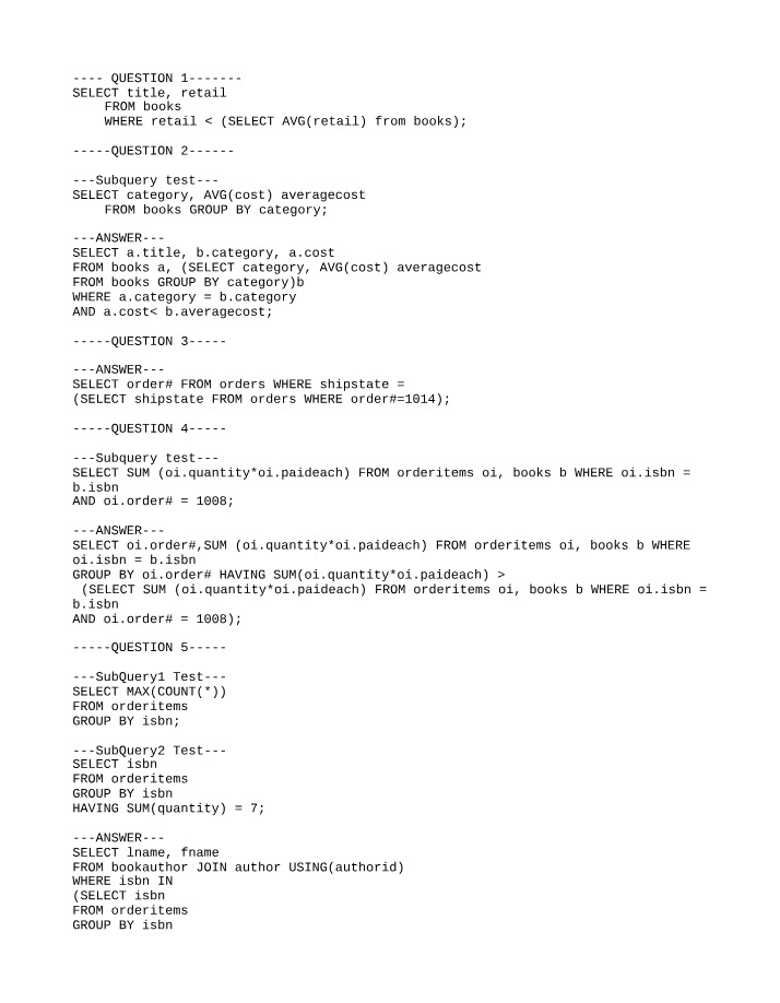 Subquery Lab Work