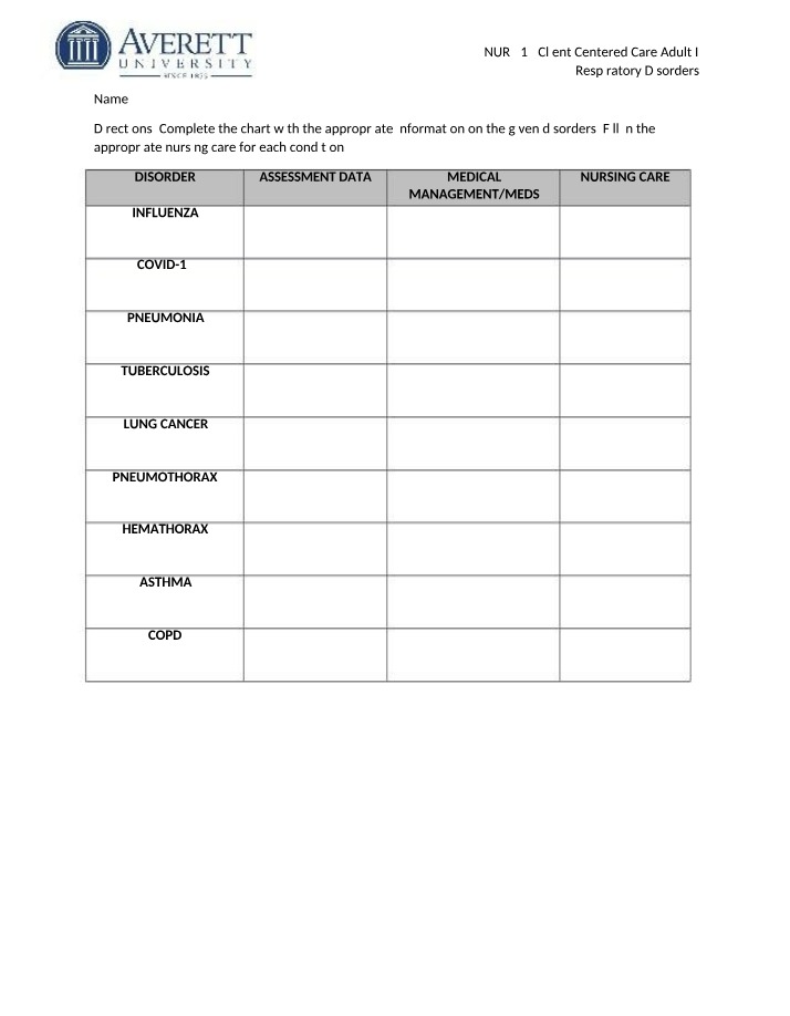Worksheet on Respiratory Disorders