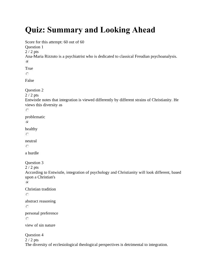 Quiz Summary - Integration of Psychology
