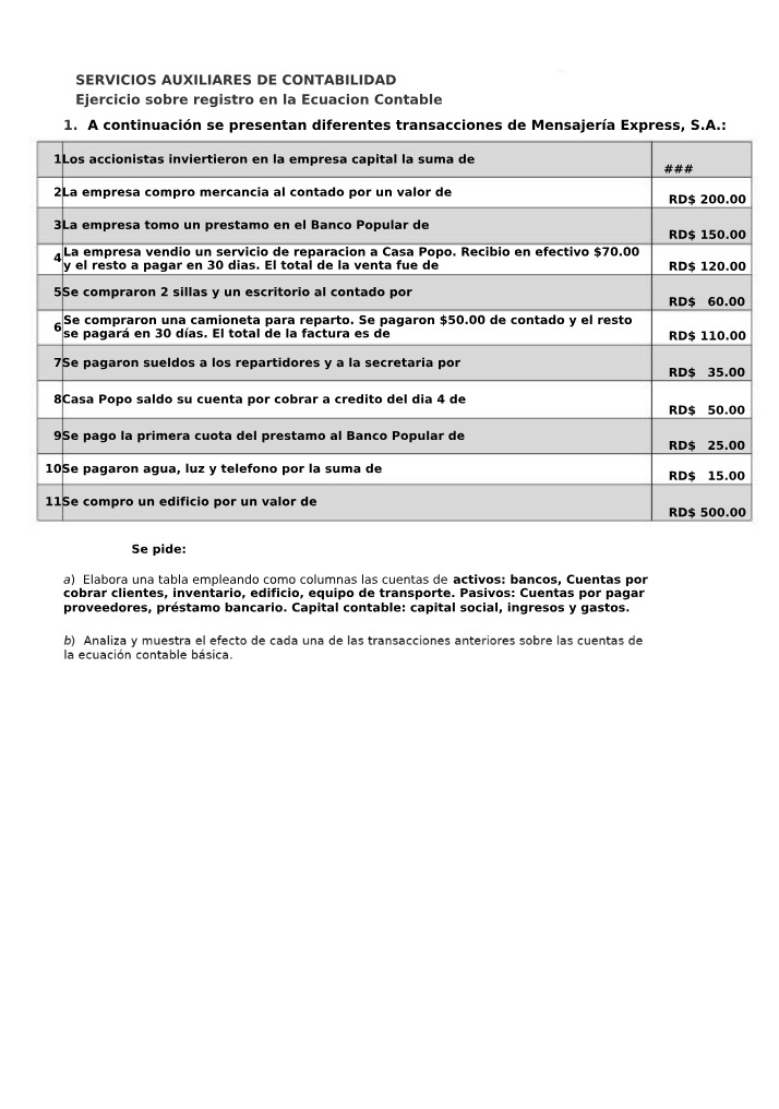 Registro en la Ecuación Contable - Ejercicio
