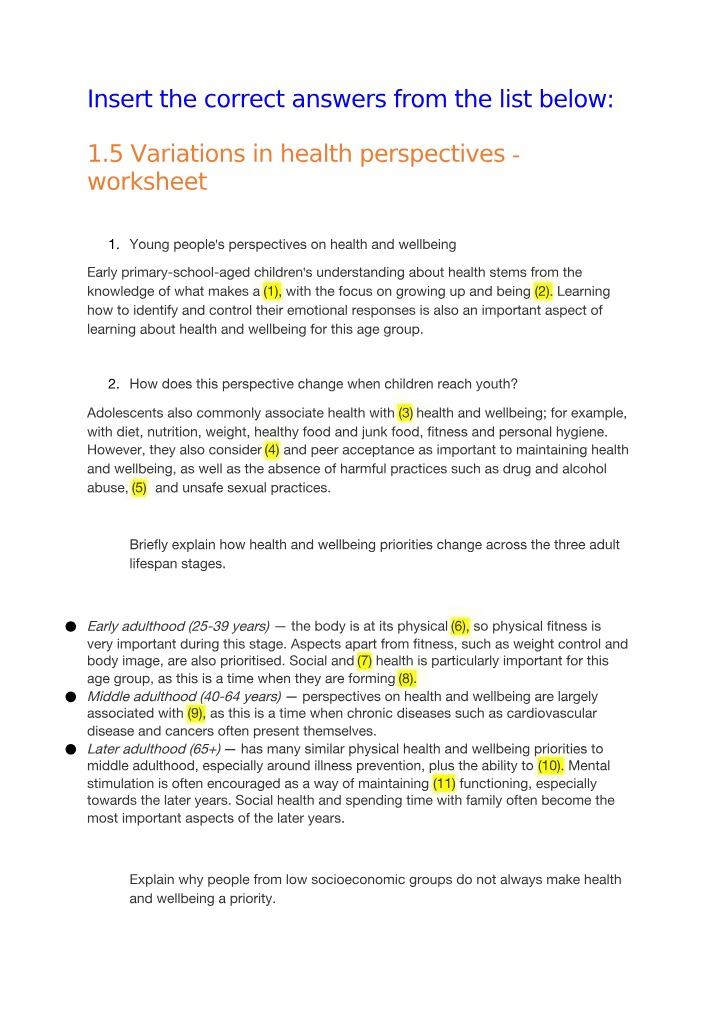 Worksheet - Variations in Health Perspectives