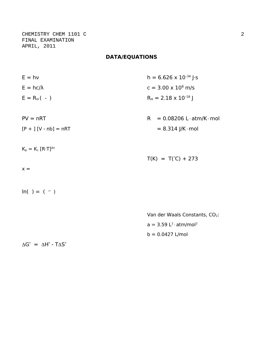 Final Examination - CHEM 1101 C (April 2011)
