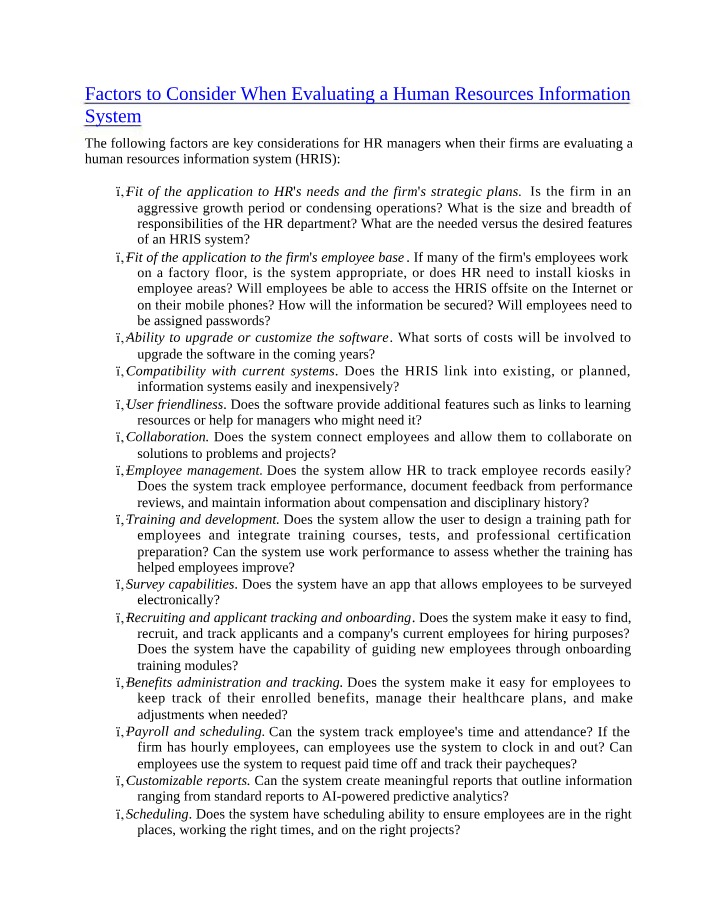 Human Resources Information System Evaluation Factors