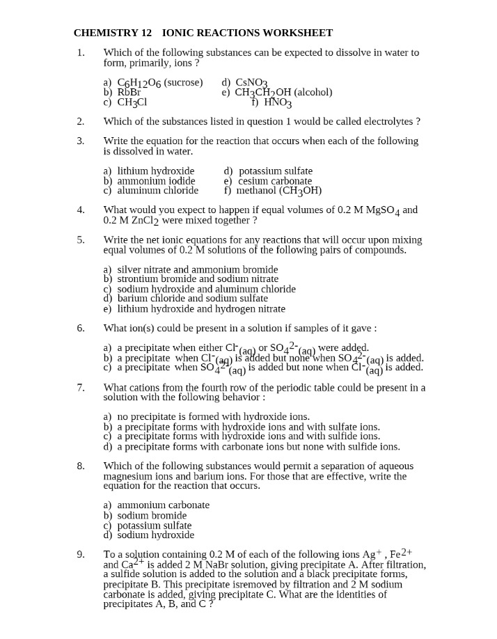 Worksheet on Ionic Reactions