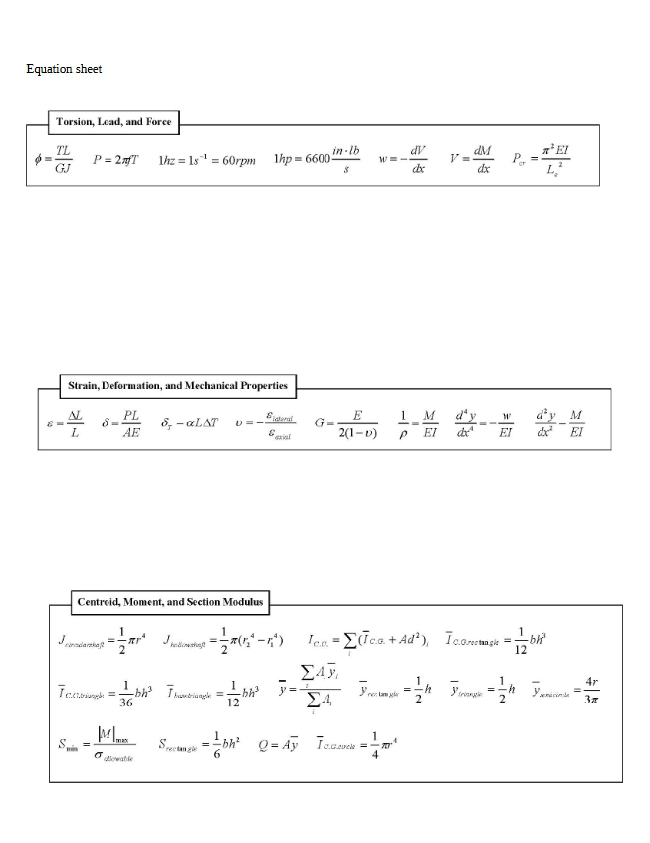Equation Sheet for Exam 1
