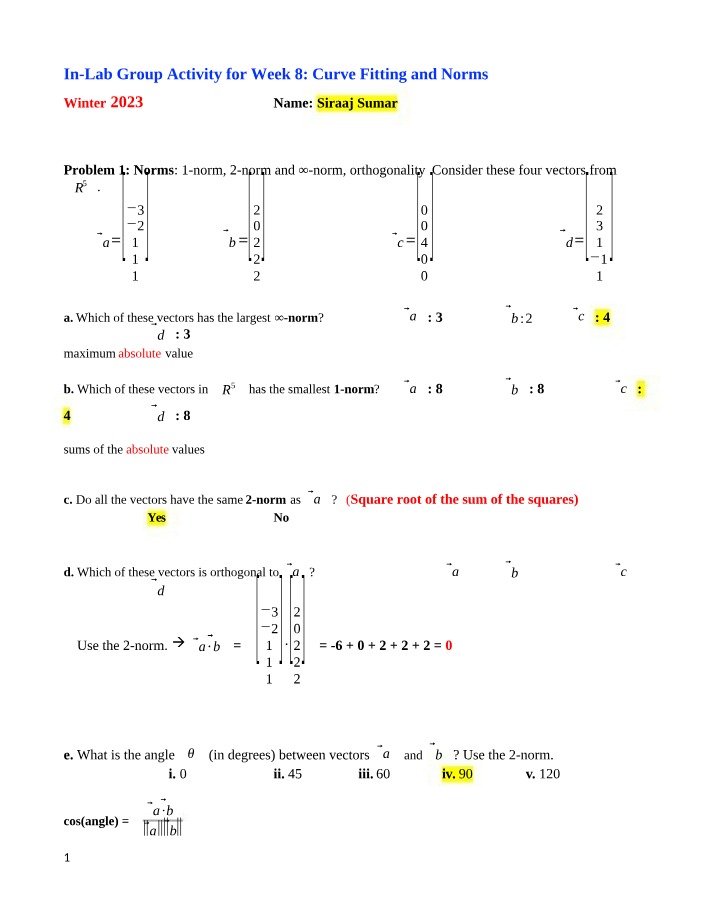 Curve Fitting and Norms - In-Lab Group Activity (Winter 2023)