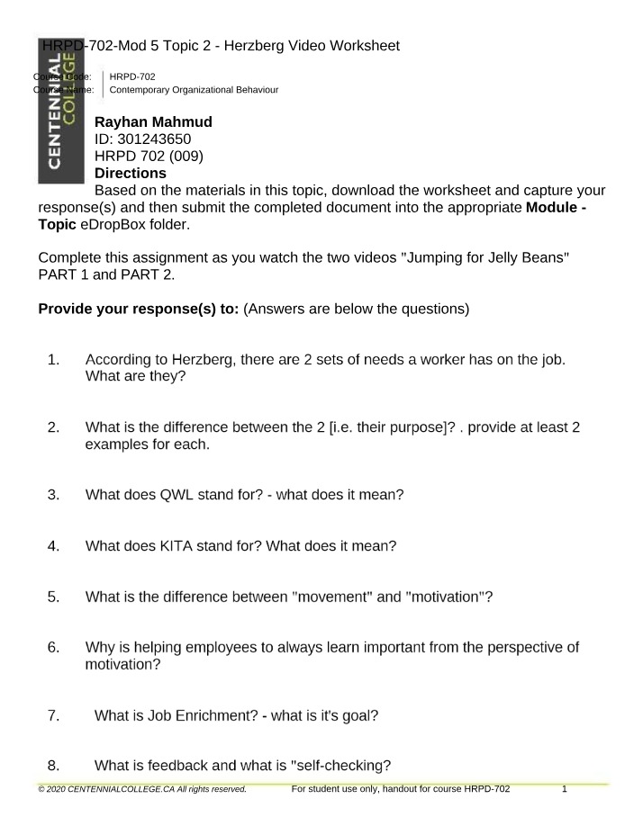 Worksheet - Herzberg's Two Sets of Needs for Job Satisfaction
