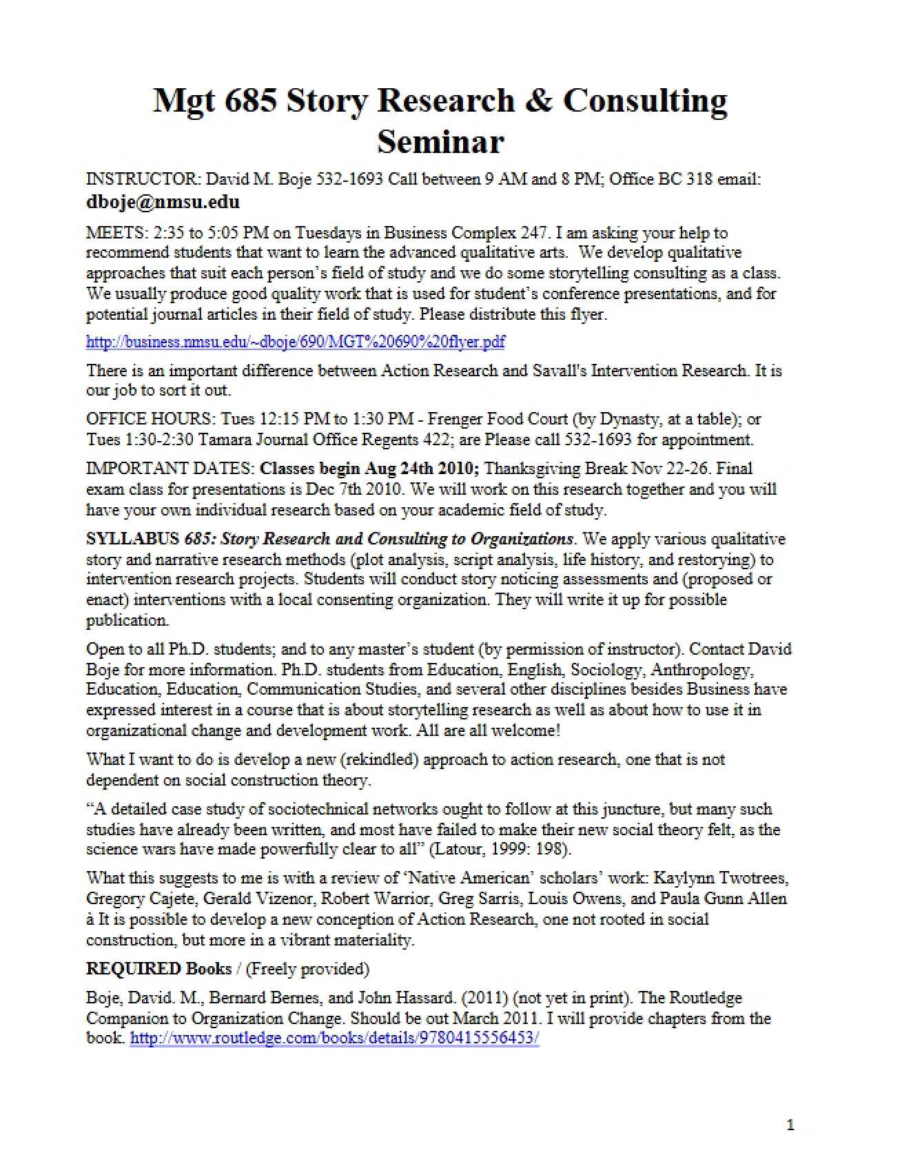 Story Research Seminar Syllabus - Fall 2010 - Boje