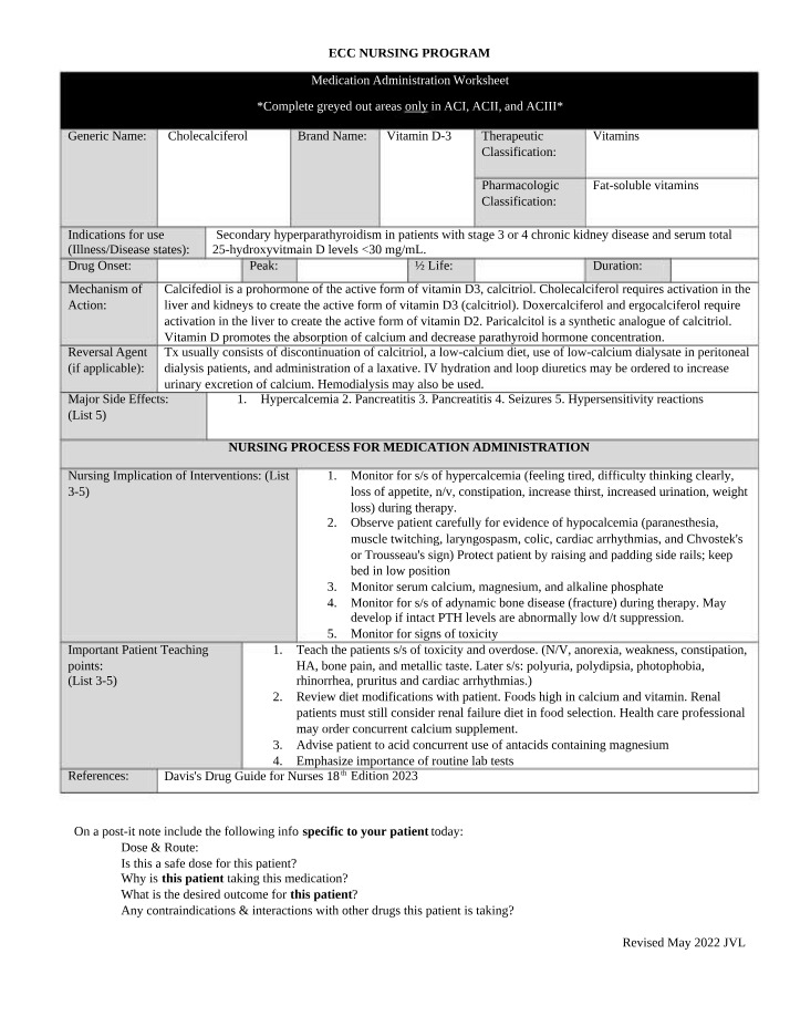 Cholecalciferol Medication Administration Worksheet