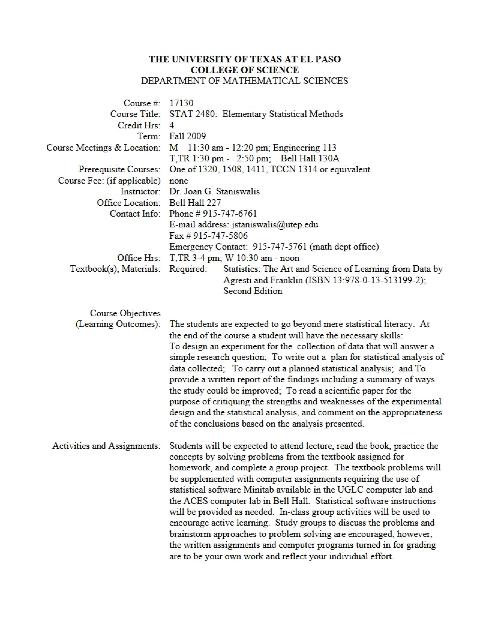 Elementary Statistical Methods Syllabus
