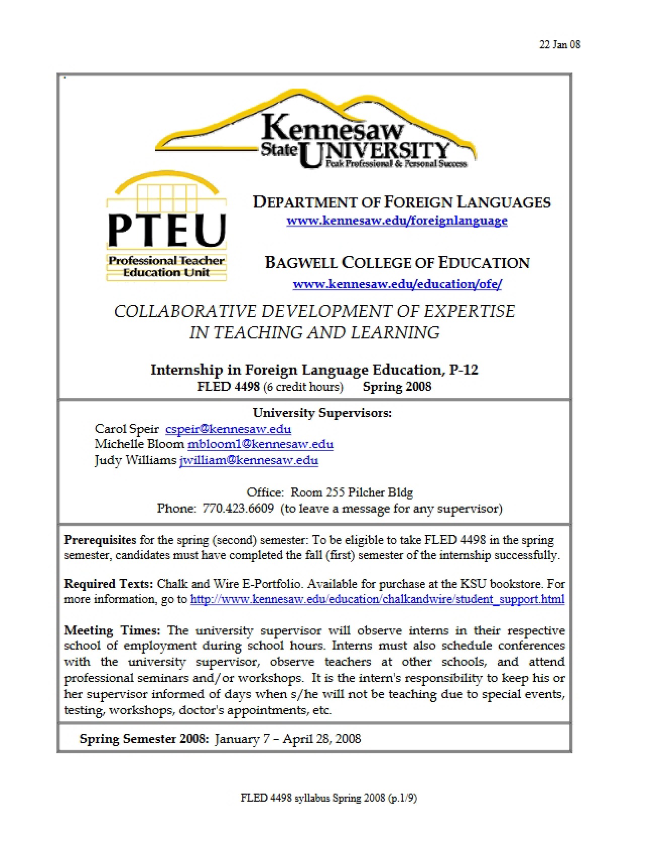 P-12 Foreign Language Internship Syllabus