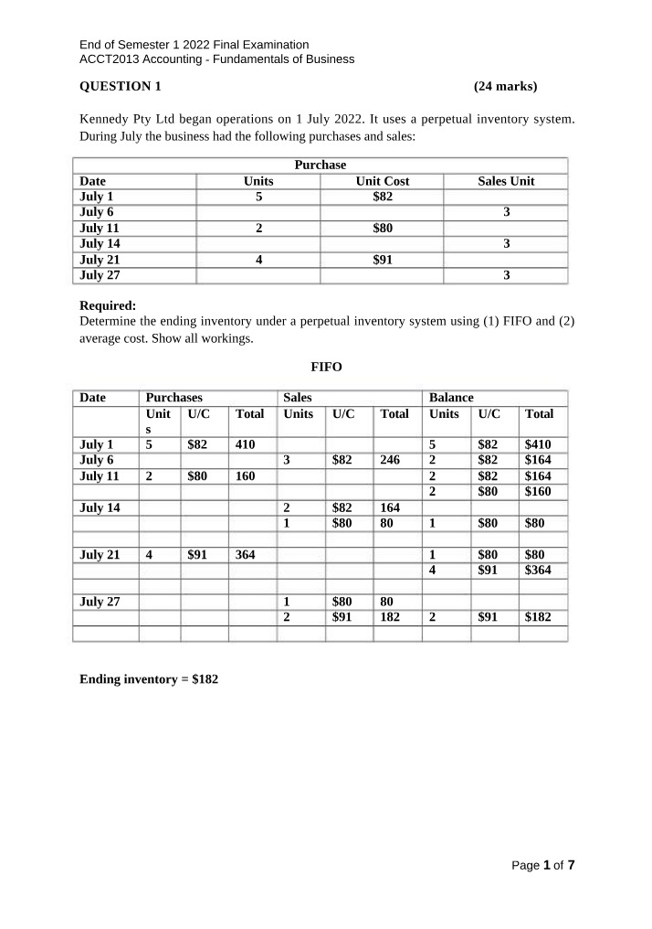 Final Exam 2022 - FIFO and Average Cost