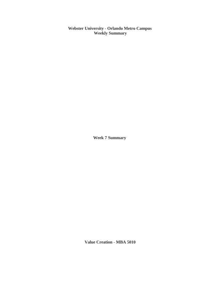 Week 7 Summary - Value Creation