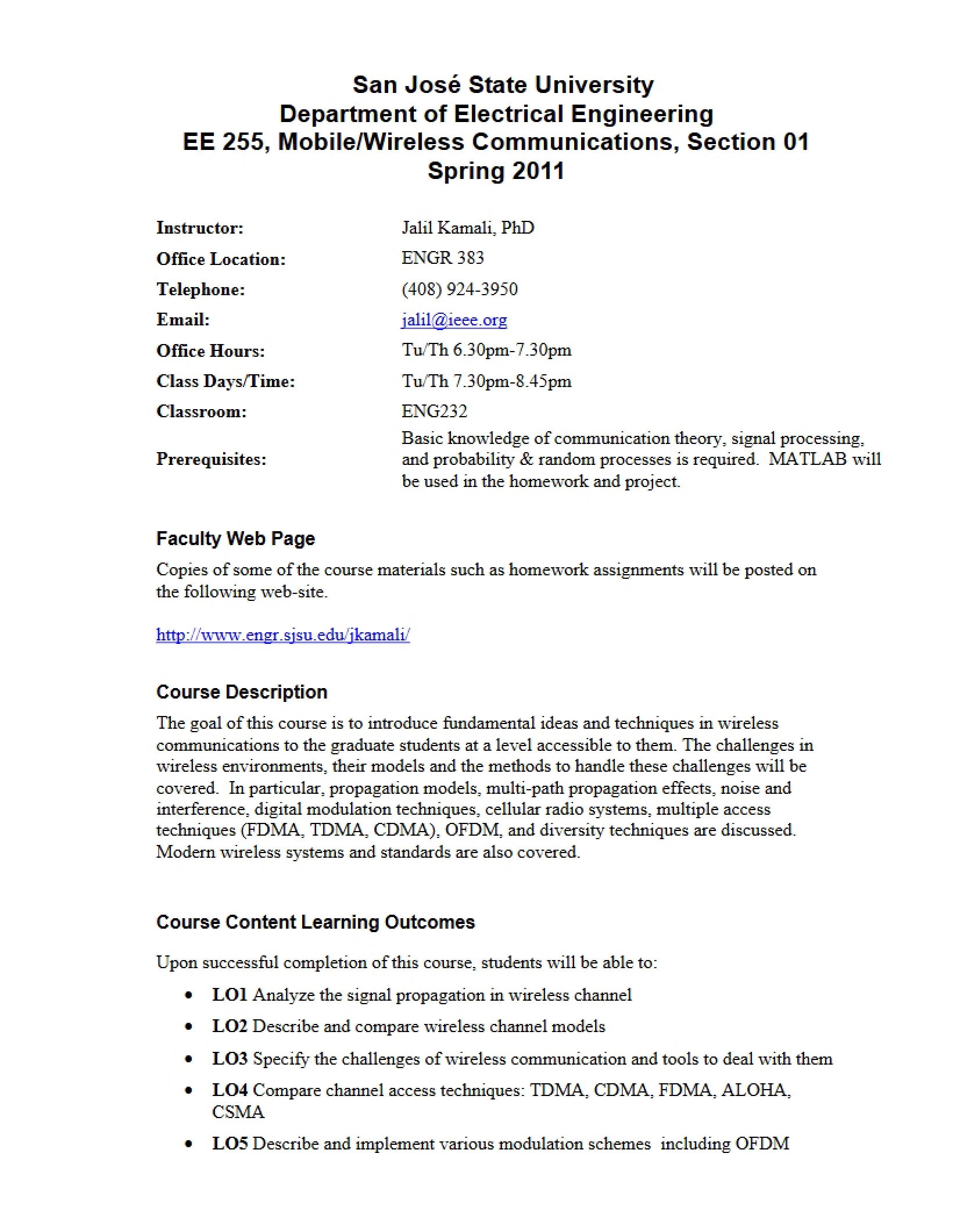 Class Syllabus for Wireless Comm