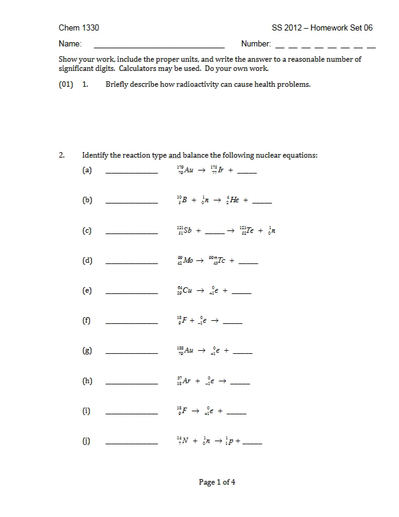 Homework Assignment Chem 1330