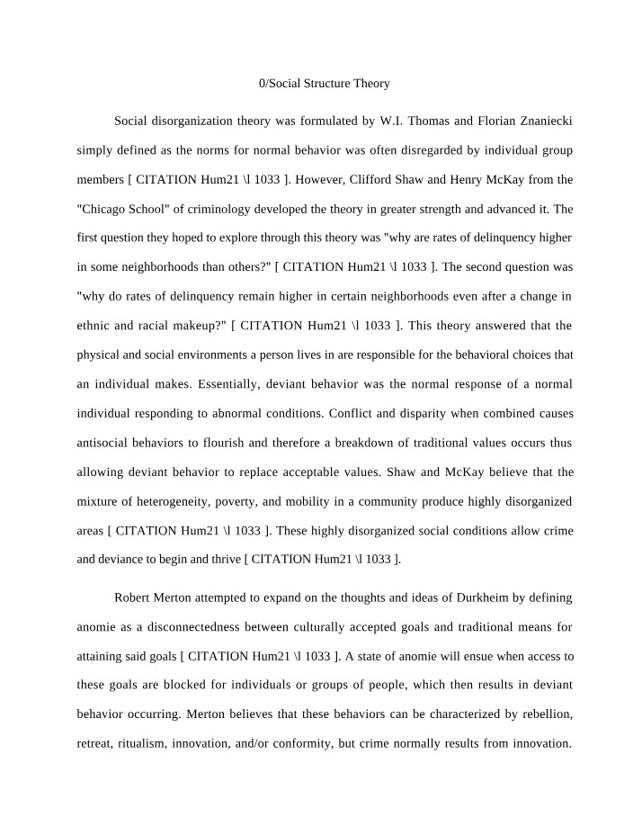 Social Structure Theory and the Causes of Deviant Behavior