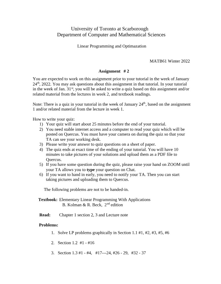 Assignment 2 - Linear Programming and Optimization