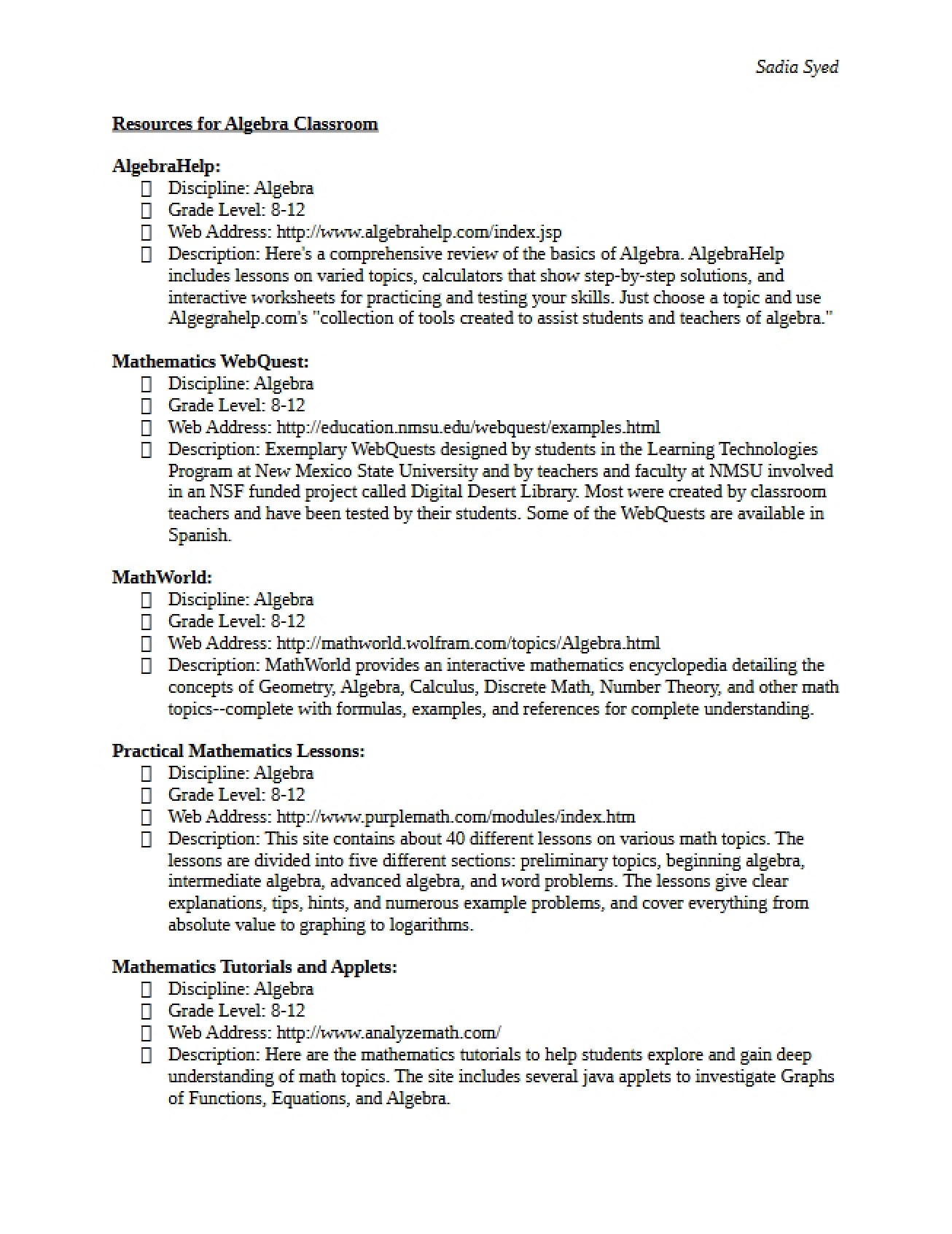 Classroom Algebra Resources