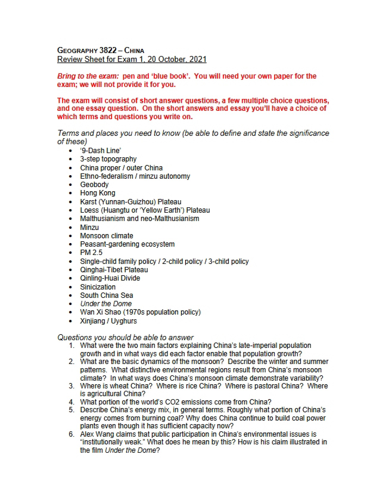 Review Sheet for the First Exam
