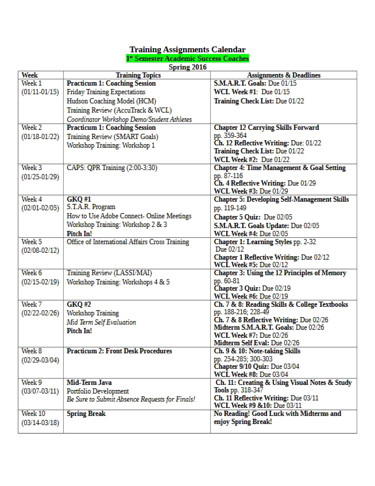 Spring 2016 Calendar for Training Assignments