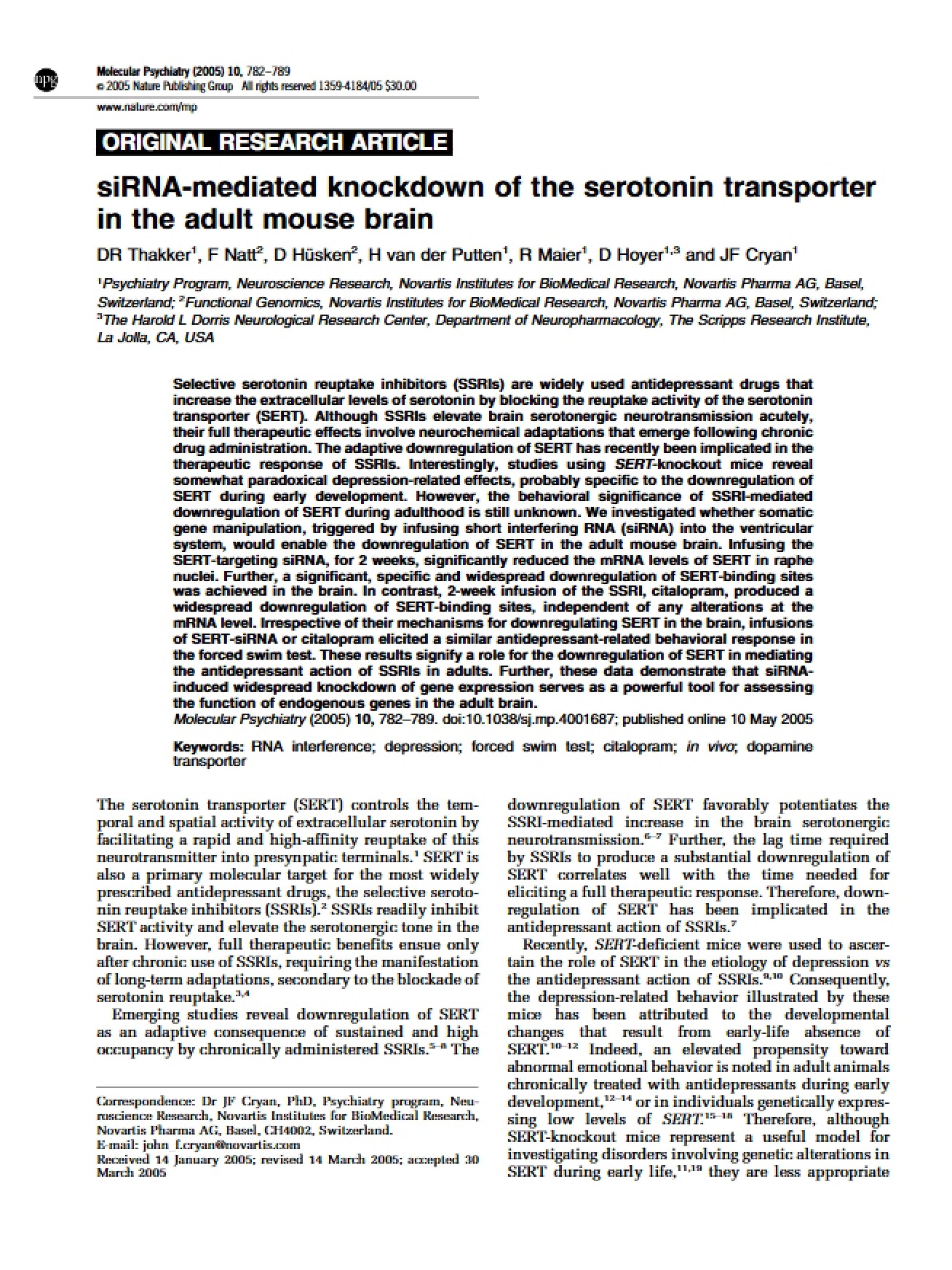 Knockdown of the Serotonin Transporter via RNA Mediation
