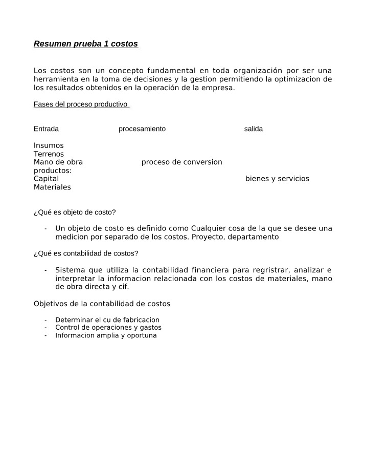 Resumen de la Prueba 1 de Costos