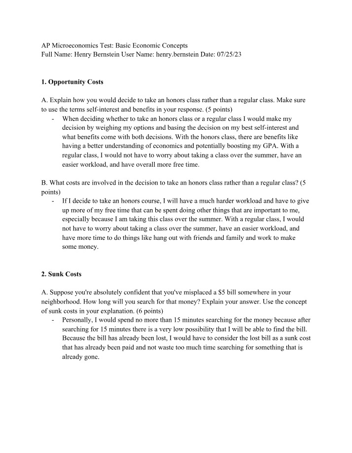 Basic Economic Concepts - AP Microeconomics Test