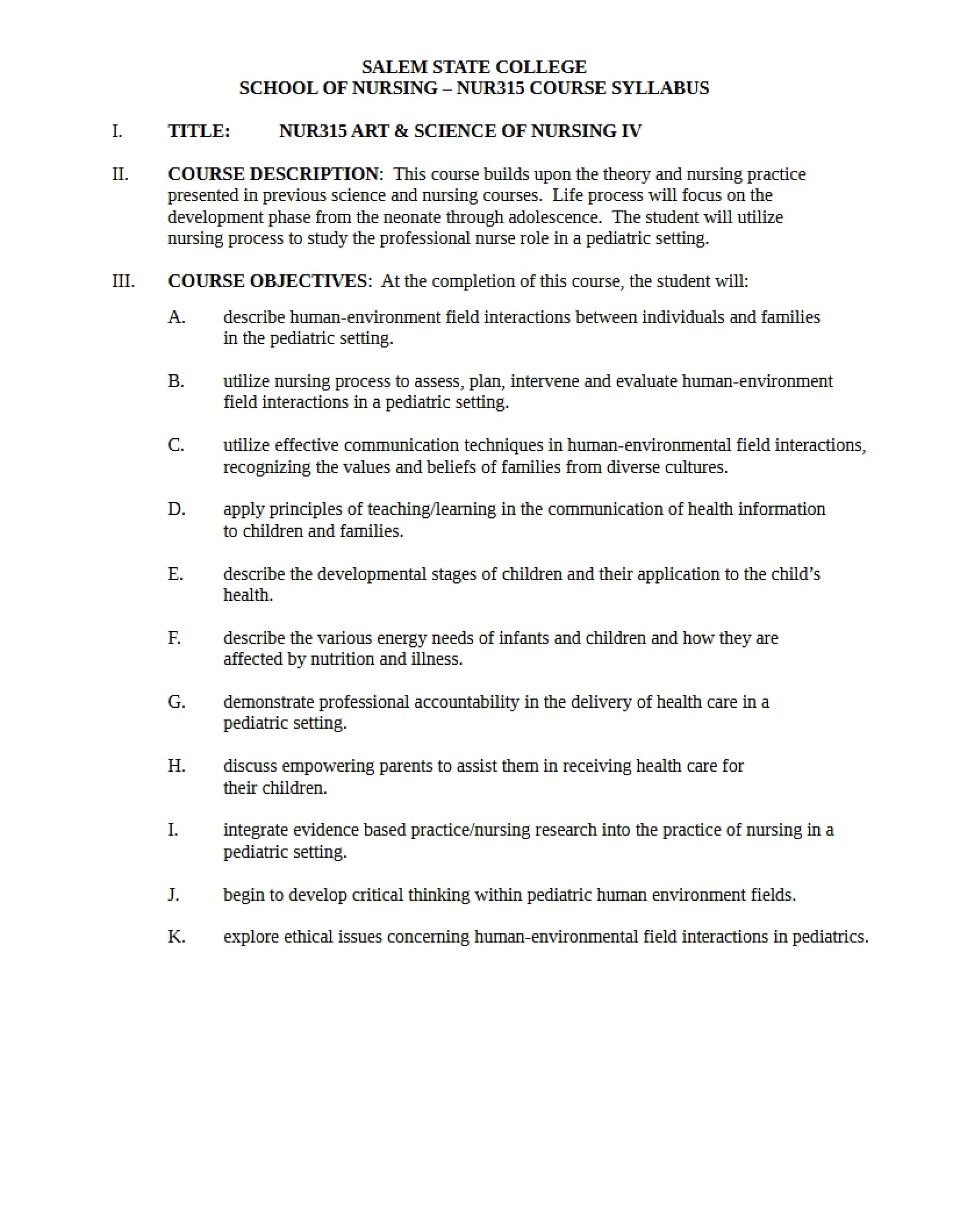 Syllabus Nursing Art and Science V - Art And Science of Nursing V