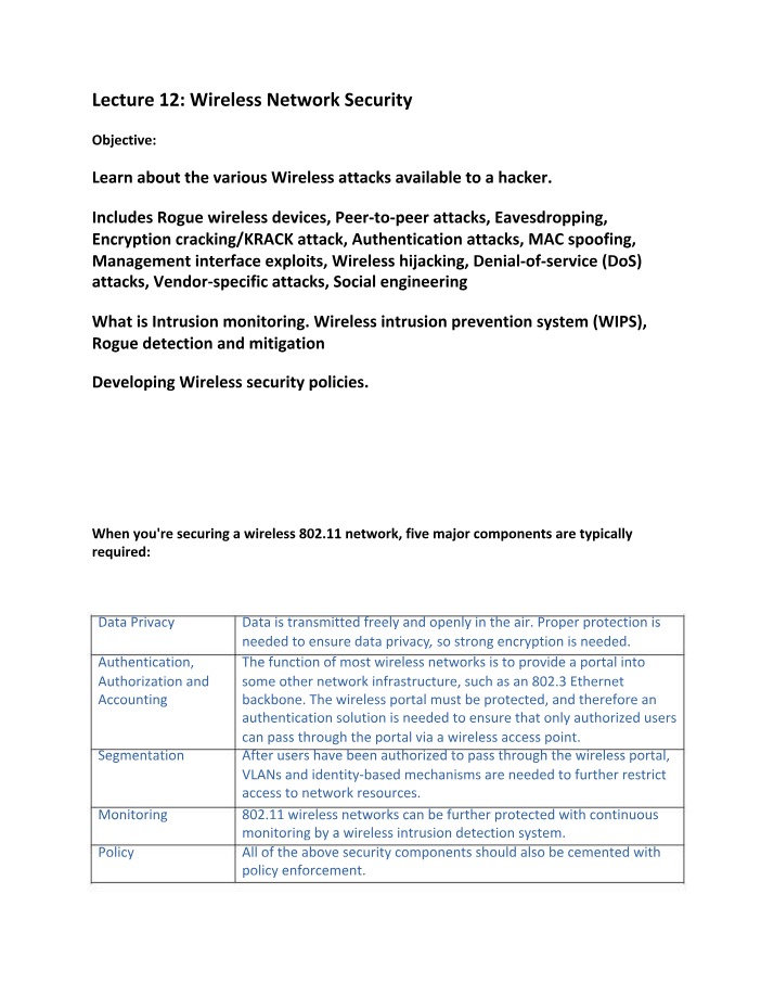 Wireless Network Security Attacks Encryption and Policy Detailed Notes